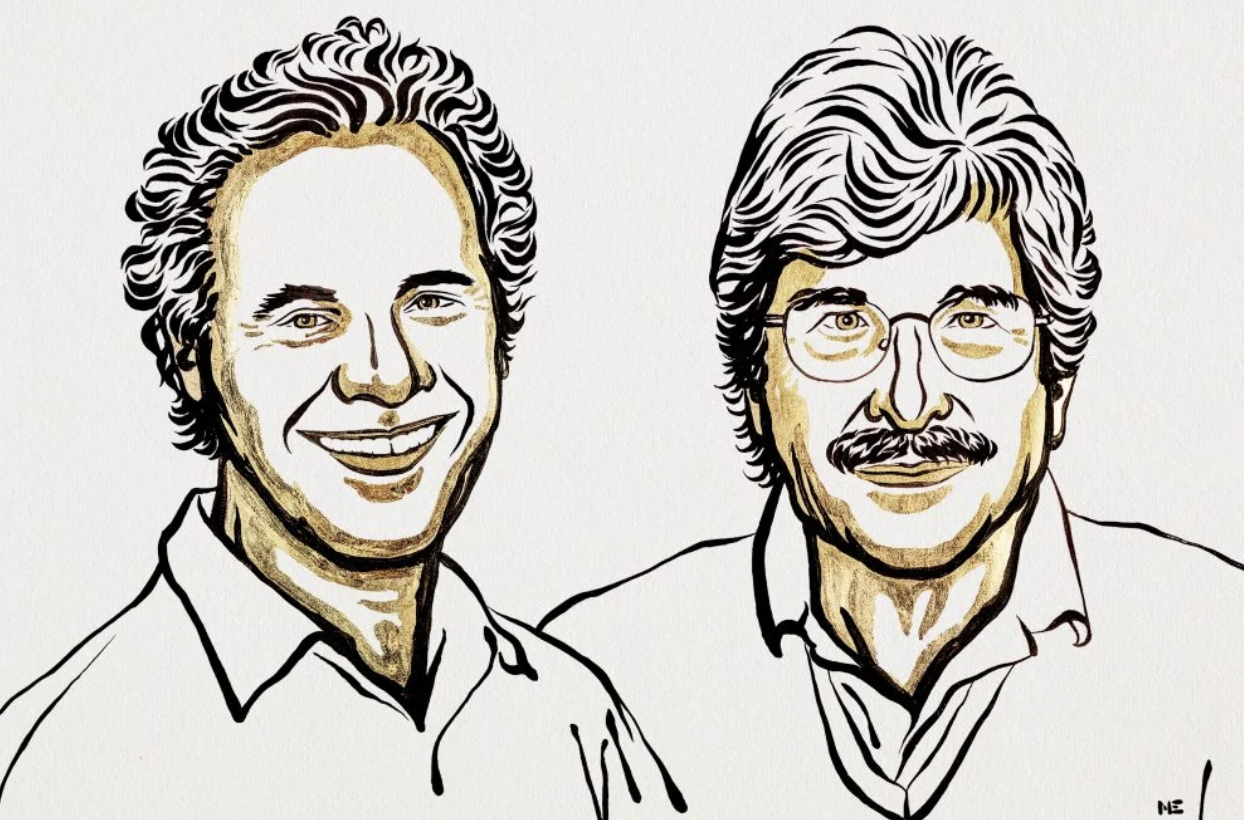 An illustration of two men who won the Nobel Prize in Physiology or Medicine, Victor Ambros and Gary Ruvkun